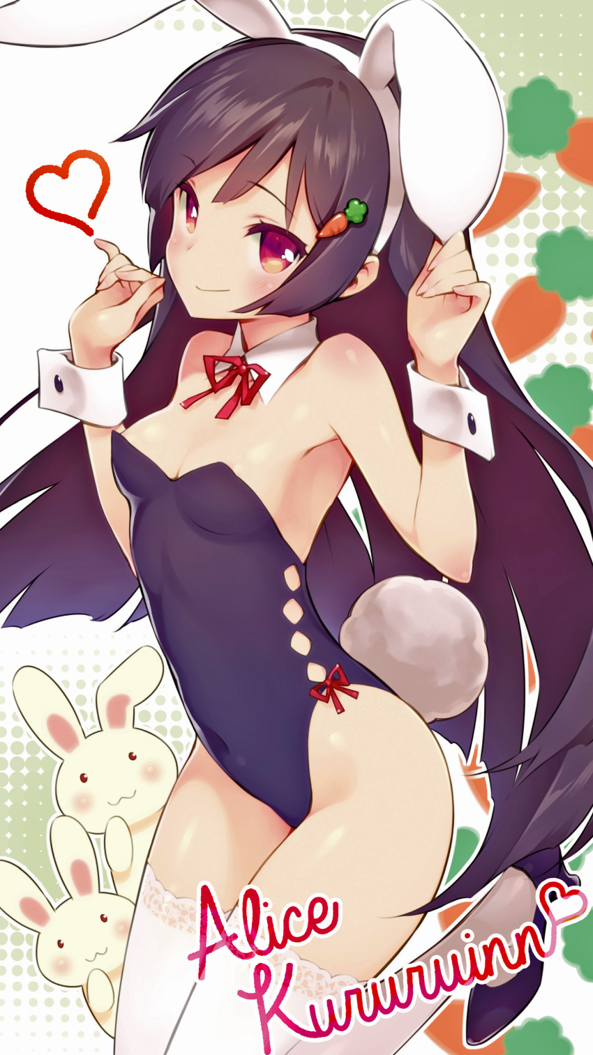 1girl absurdres animal_ears bare_shoulders black_hair blush breasts bunny_girl bunny_tail carrot_hair_ornament cleavage covered_navel detached_collar fake_animal_ears gayarou hair_ornament hairband heart high_heels highleg highleg_leotard highres imouto-sama_ni_yoru_ore_route_kouryaku_love_come_riron kururuin_alice lace lace-trimmed_thighhighs leg_up leotard long_hair looking_at_viewer rabbit_ears red_eyes scan small_breasts smile solo tail thigh-highs white_legwear wrist_cuffs