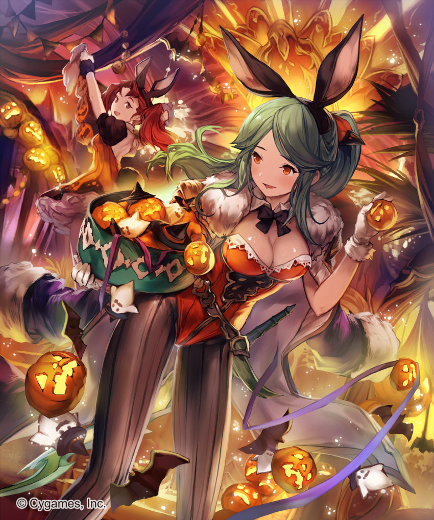 2girls animal_ears breasts halloween highres jack-o'-lantern lee_hyeseung multiple_girls official_art rabbit_ears tagme