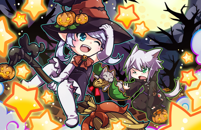 1boy 1girl animal_ears blue_eyes broom broom_riding cat cat_ears cat_tail chibi elbow_gloves final_fantasy final_fantasy_xiv gloves green_eyes grey_hair hat lalafell lavender_hair miqo'te pointy_ears tail thigh-highs witch_hat