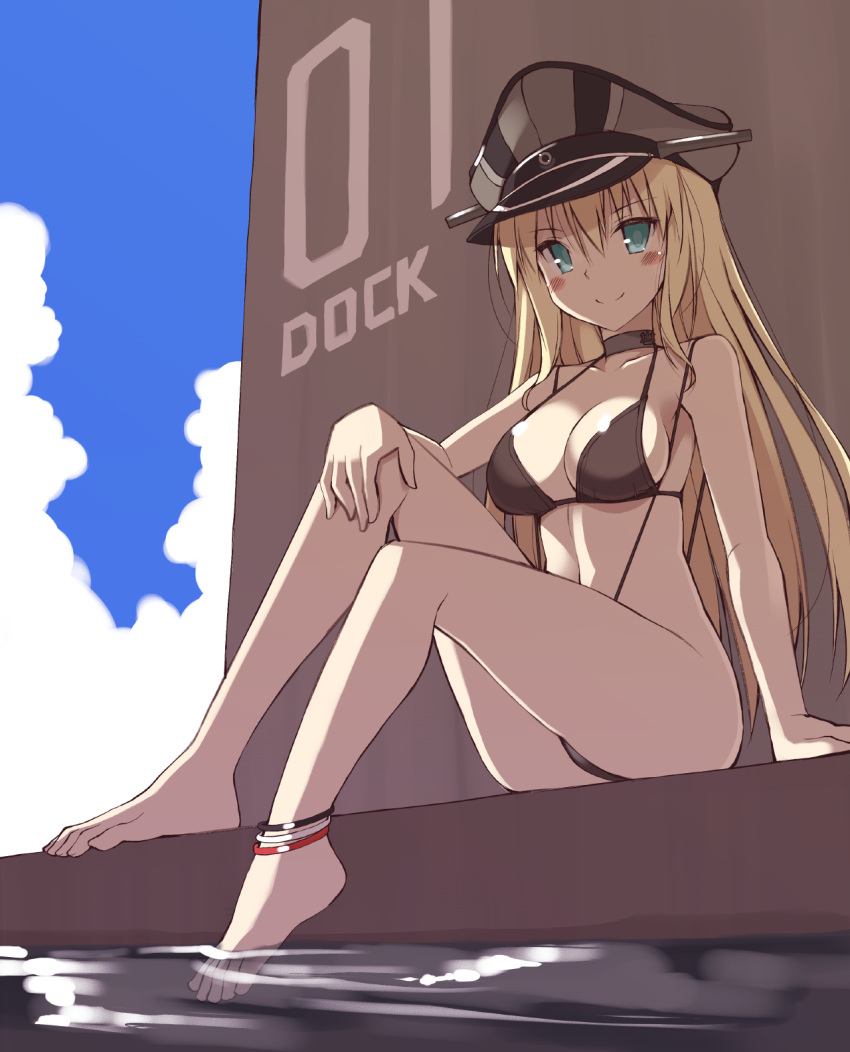 1girl anklet barefoot bismarck_(kantai_collection) black_swimsuit blonde_hair blue_eyes blush breasts choker feet_in_water flag_print hand_on_own_knee hat highres imperial_german_flag jewelry kantai_collection long_hair oota_yuuichi peaked_cap print_ornament sitting sling_bikini smile soaking_feet solo swimsuit water