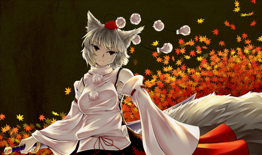 1girl animal_ears autumn_leaves bandages cowboy_shot detached_sleeves expressionless hat highres holding_sword holding_weapon inubashiri_momiji long_sleeves looking_at_viewer sword tail tokin_hat touhou weapon white_hair wide_sleeves wolf_ears wolf_tail yellow_eyes yrjxp065