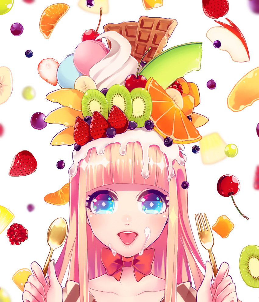 1girl banana blonde_hair blue_eyes blueberry blurry bowtie cherry chocolate depth_of_field food food_as_clothes food_on_face food_on_head fork fruit highres honeydew_(fruit) kisaragiyuu kiwifruit macaron object_on_head orange original parfait raspberry solo spoon strawberry tongue tongue_out whipped_cream