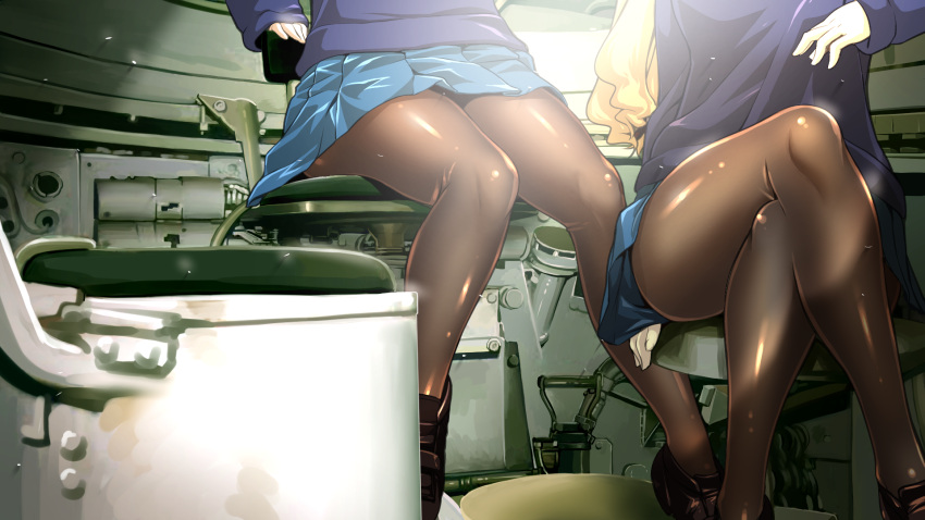 2girls arm_support assam black_legwear blonde_hair commentary_request crossed_legs crusader_(tank) darjeeling girls_und_panzer head_out_of_frame highres legs loafers long_hair military military_vehicle miniskirt multiple_girls pantyhose pleated_skirt r-ex school_uniform shoes sitting skirt sweater tank thighs vehicle