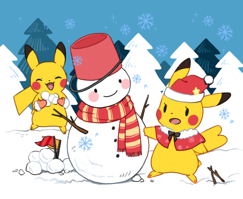 blue_sky blush_stickers bucket bucket_on_head closed_eyes flag flat_color hat no_humans object_on_head open_mouth outdoors pikachu pokemon pokemon_(creature) santa_hat scarf sky smile snow snowflakes snowman tree winter zrae