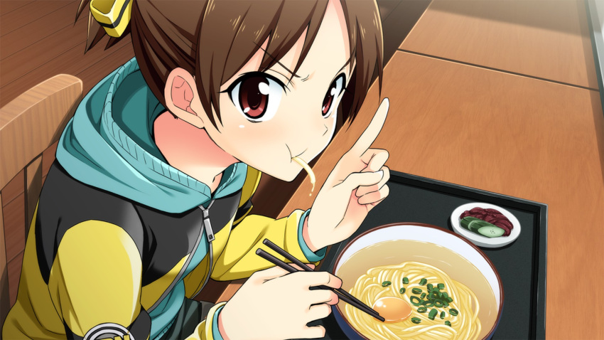 angry bow bowl brown_hair chopsticks eating egg_yolk food game_cg go!_go!_nippon!_2015 go!_go!_nippon!_~my_first_trip_to_japan~ hair_bow highres hoodie misaki_akira noodles official_art plate pointing pointing_up ponytail red_eyes short_hair sitting tray zipper