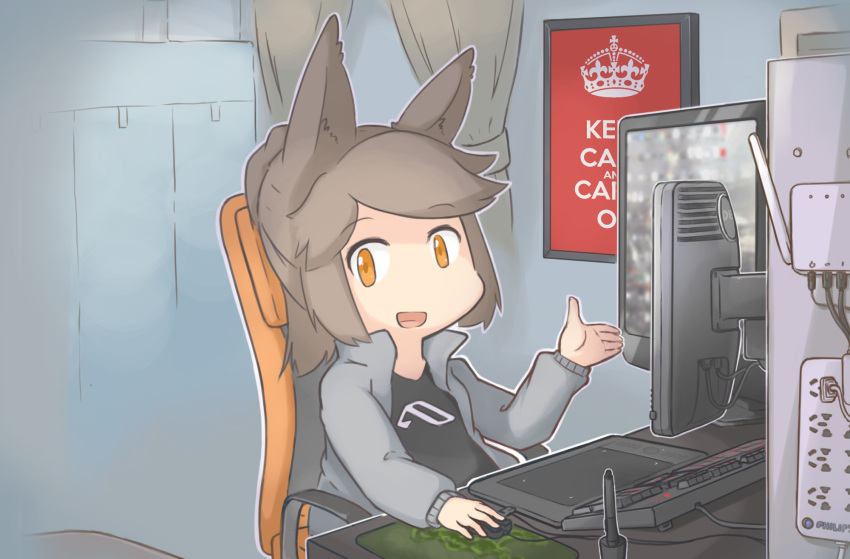 1girl animal_ears borisx brown_eyes brown_hair chair computer_keyboard computer_mouse highres monitor open_mouth original ponytail short_hair sitting solo