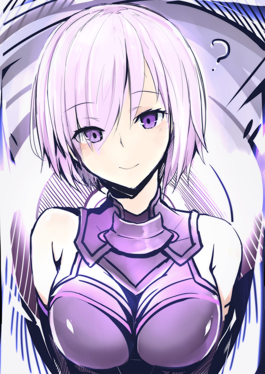 1girl ? armor bare_shoulders blush breasts fate/grand_order fate_(series) highres impossible_clothes looking_at_viewer pink_hair shielder_(fate/grand_order) short_hair smile solo upper_body violet_eyes xiaodi