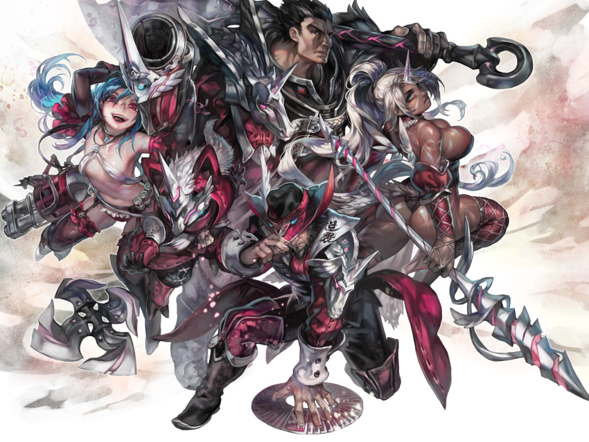 2girls 3boys aoin ass axe breasts cleavage darius_(league_of_legends) flat_chest gun hat highres jinx_(league_of_legends) kennen large_breasts league_of_legends minigun multiple_boys multiple_girls nidalee smile thighs twisted_fate weapon