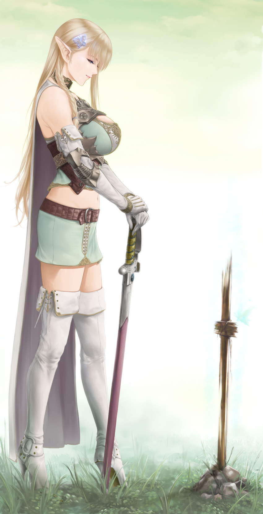 1girl absurdres armor bangs belt belt_boots blonde_hair blue_eyes boots breasts buckle butterfly_hair_ornament collar cross-laced_footwear elbow_gloves elf eyelashes fantasy full_body gloves grass grave hair_ornament half-closed_eyes high_heel_boots high_heels highres holding_sword holding_weapon lace-up_boots large_breasts long_hair looking_down midriff navel original plump pointy_ears rock shisshou_senkoku sky smile solo standing sword thigh-highs thigh_boots very_long_hair weapon white_boots