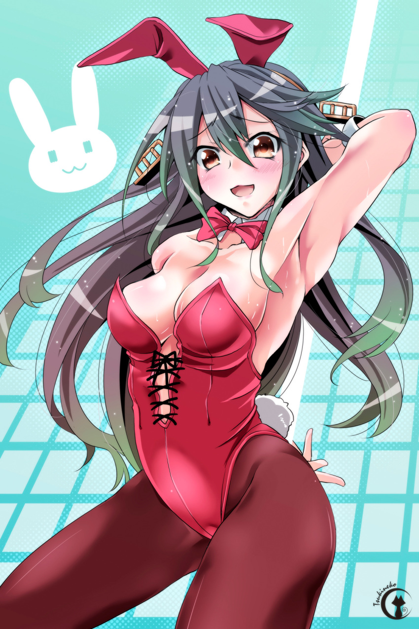 1girl animal_ears arm_up armpits black_hair black_legwear blush bowtie breasts brown_eyes bunny_girl bunny_tail bunnysuit cleavage detached_collar hairband haruna_(kantai_collection) highres kantai_collection long_hair looking_at_viewer open_mouth pantyhose rabbit_ears smile solo tail tsukineko wrist_cuffs