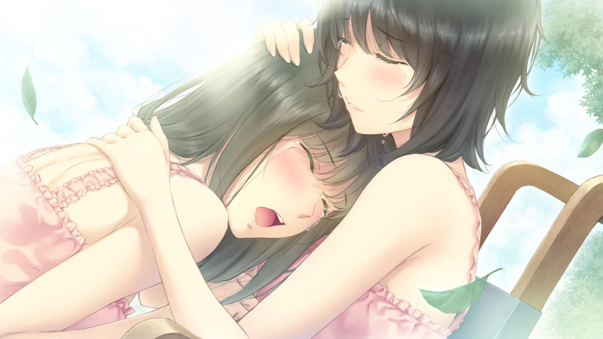 2girls bare_shoulders black_hair blush brown_hair chair closed_eyes crying dutch_angle flowers_(innocent_grey) frills game_cg hand_on_another's_head holding hug leaf multiple_girls official_art open_mouth outdoors parted_lips sad short_hair sugina_miki takasaki_chidori tears teeth yaegaki_erika
