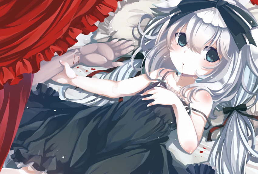 1boy 1girl arm_grab bed bite_mark black_dress blood blood_drip blood_in_mouth blue_eyes bow child dress highres long_hair looking_at_viewer lying on_back original pillow ribbon shiro_yurine silver_hair strap_slip twintails vampire very_long_hair