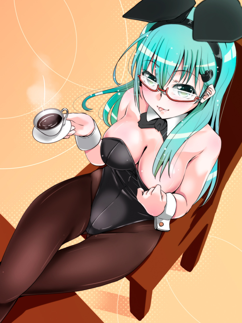 1girl animal_ears aqua_hair bespectacled black_legwear blush breasts bunnysuit chair cleavage coffee crossed_legs cup detached_collar glasses green_eyes hair_ornament hairclip highres kantai_collection leotard leotard_pull long_hair looking_at_viewer naughty_face one_eye_closed pantyhose rabbit_ears saucer sitting smile solo suzuya_(kantai_collection) tongue tongue_out tsukineko wrist_cuffs