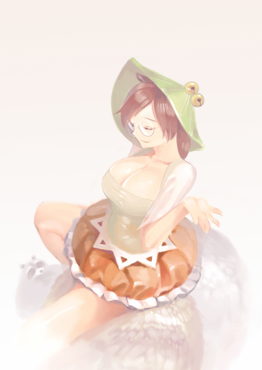 1girl absurdres ameyame animal_ears bell breasts brown_hair cleavage closed_eyes collarbone futatsuiwa_mamizou glasses hat highres large_breasts pince-nez raccoon_ears raccoon_tail shirt skirt solo tail tail_chair touhou