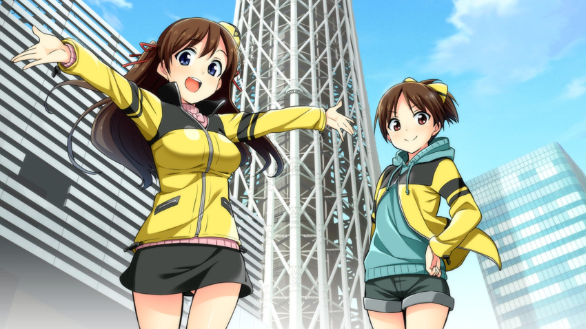 2girls :&gt; :d blue_eyes bow breasts brown_hair building city cityscape game_cg go!_go!_nippon!_2015 go!_go!_nippon!_~my_first_trip_to_japan~ hair_ribbon hand_on_hip highres hoodie large_breasts long_hair miniskirt misaki_akira misaki_makoto_(go!_go!_nippon!) multiple_girls official_art open_mouth outstretched_arms ponytail red_eyes ribbon short_hair short_shorts shorts skirt smile tokyo_sky_tree tower zipper