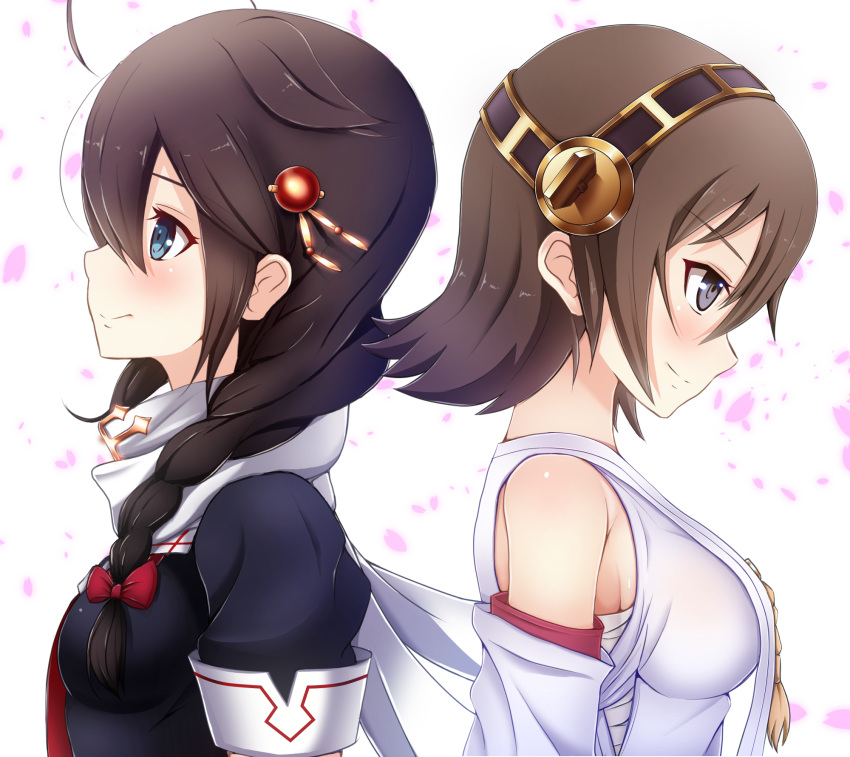 2girls ahoge bare_shoulders black_serafuku blue_eyes braid brown_hair closed_mouth commentary_request detached_sleeves hair_flaps hair_ornament hair_over_shoulder hair_ribbon headgear hiei_(kantai_collection) highres kantai_collection long_hair multiple_girls nontraditional_miko red_ribbon remodel_(kantai_collection) ribbon scarf school_uniform serafuku shigure_(kantai_collection) short_hair short_sleeves single_braid tress_ribbon white_scarf