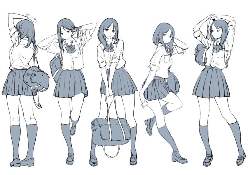 1girl adjusting_hair arms_up bag character_sheet kneehighs leaning loafers long_hair monochrome original pleated_skirt ribbon school_bag school_uniform shoes simple_background skirt solo twinpoo white_background