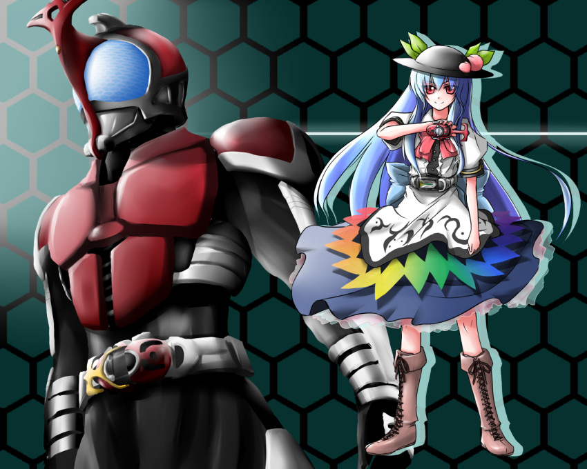 1boy 1girl blue_hair boots brown_boots crossover female hat henshin henshin_pose highres hinanawi_tenshi kabuto_zecter kamen_rider kamen_rider_kabuto kamen_rider_kabuto_(series) kazami_shirou_(kaizou-zumi) male parody red_eyes rider_belt solo touhou