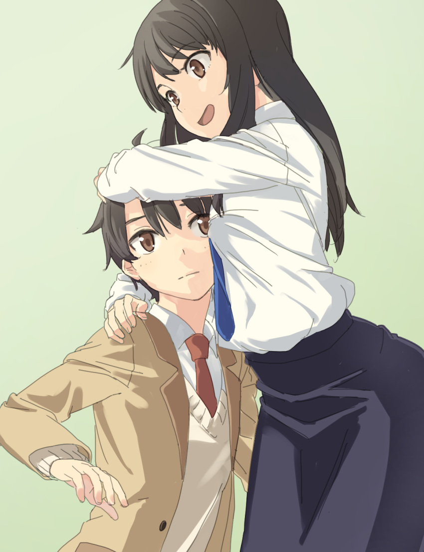 1boy 1girl aldnoah.zero black_hair brother_and_sister brown_eyes brown_hair highres kaizuka_inaho kaizuka_yuki kinosaki_(cotton_broom) long_hair necktie school_uniform short_hair siblings skirt smile