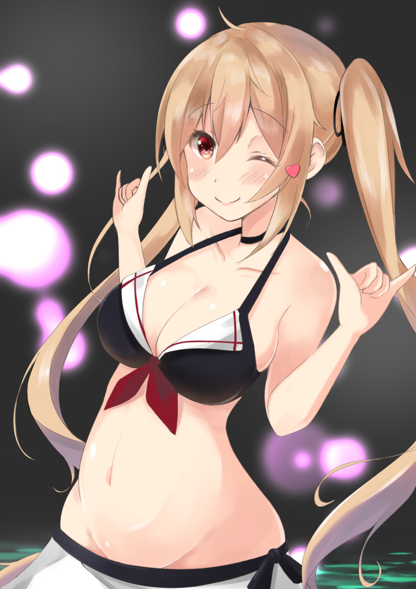 1girl adapted_costume bikini breasts cleavage heart highres kantai_collection light_brown_hair long_hair murasame_(kantai_collection) navel one_eye_closed purunyara skirt solo swimsuit