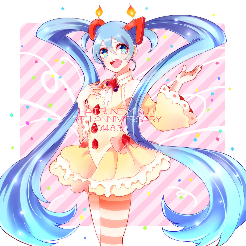 1girl anniversary blue_eyes blue_hair candle character_name dated dress food fruit hair_ornament hatsune_miku highres kisaragiyuu long_hair pantyhose solo strawberry striped striped_background striped_legwear twintails very_long_hair vocaloid yellow_dress
