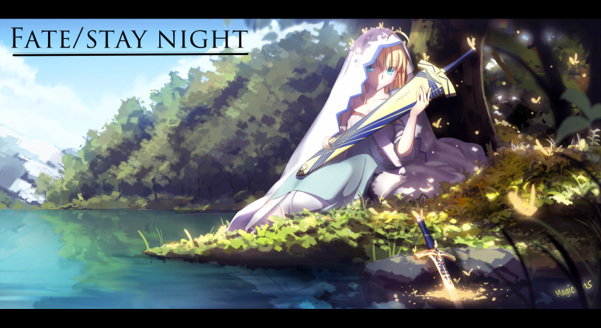 1girl armor avalon_(fate/stay_night) blonde_hair blue_eyes caliburn copyright_name dress excalibur fate/stay_night fate/zero fate_(series) grass highres lake magicians_(zhkahogigzkh) saber scenery solo sword type-moon water weapon