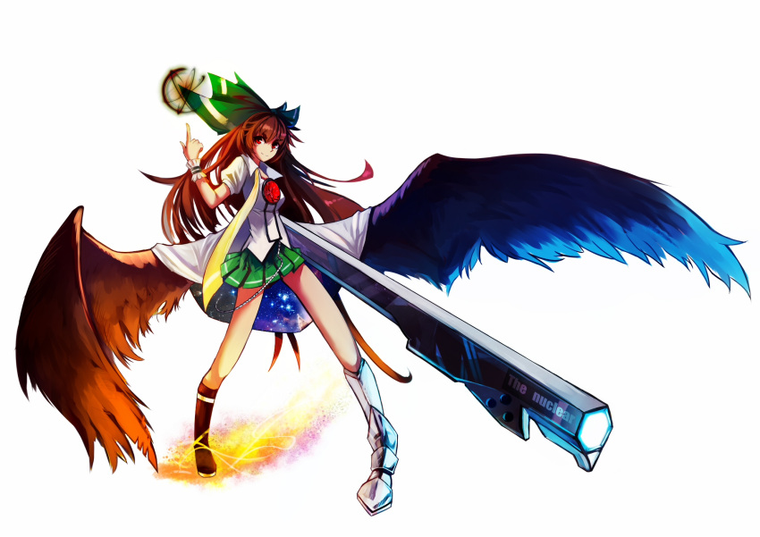1girl 5015632 alternate_costume arm_cannon bad_anatomy bow brown_hair cape hair_bow highres long_hair miniskirt mismatched_footwear red_eyes reiuji_utsuho skirt solo third_eye touhou weapon wings