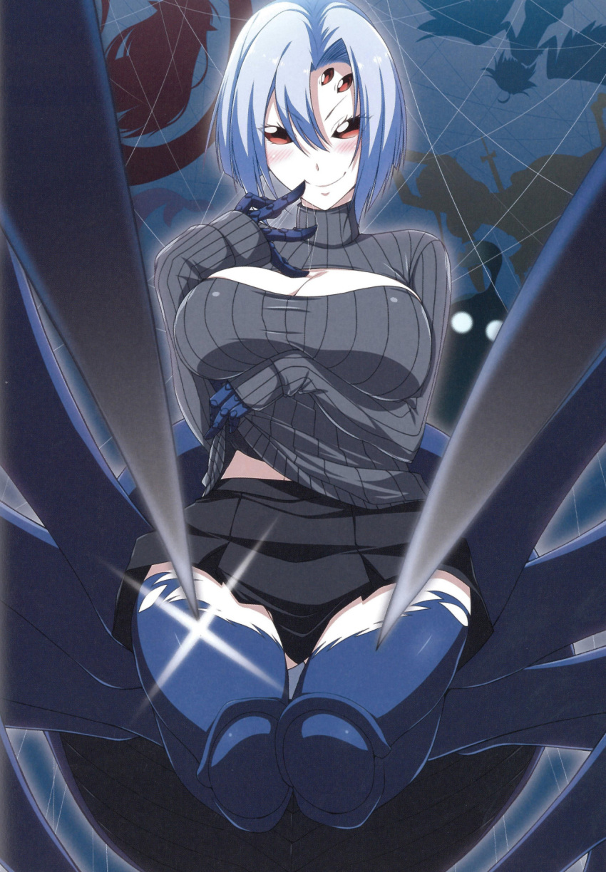 1girl artist_request black_skirt blush breasts cameo centorea_shianus cleavage extra_ears finger_to_mouth highres insect_girl large_breasts looking_at_viewer miia_(monster_musume) monster_musume_no_iru_nichijou open-chest_sweater papi_(monster_musume) rachnera_arachnera red_eyes ribbed_sweater short_hair silver_hair skirt smile solo spider_girl suu_(monster_musume) sweater