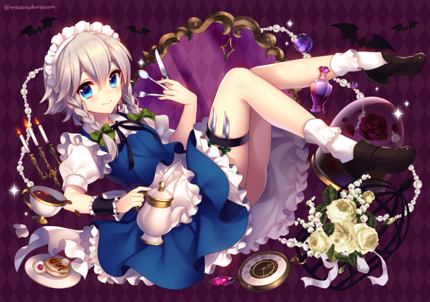 1girl apron argyle argyle_background bat beads black_ribbon black_shoes blue_eyes blue_skirt blush bottle bouquet bow braid cage candle candlestand clock closed_mouth cream cup dagger fire flower fork full_body glass green_bow grey_hair hair_bow holding izayoi_sakuya knife looking_at_viewer maid maid_headdress masaru.jp mirror neck_ribbon perfume_bottle petals plate puffy_short_sleeves puffy_sleeves red_rose ribbon rose shoes short_hair short_sleeves silver_hair skirt skirt_set smile socks solo sparkle spoon sweets tea tea_set teacup teapot text touhou twin_braids waist_apron weapon white_legwear white_ribbon wrist_cuffs