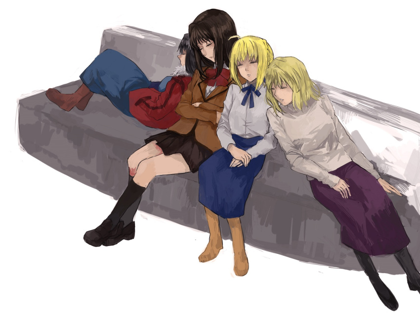 4girls ahoge aozaki_aoko arcueid_brunestud boots closed_eyes coat couch crossed_arms crossover fate/stay_night fate_(series) hand_on_hip hands_in_pockets hands_on_lap kara_no_kyoukai leaning leaning_on_person long_hair long_skirt long_sleeves lsunl mahou_tsukai_no_yoru miniskirt multiple_girls open_mouth ryougi_shiki saber school_uniform shoes short_hair sitting skirt sleeping socks tsukihime type-moon
