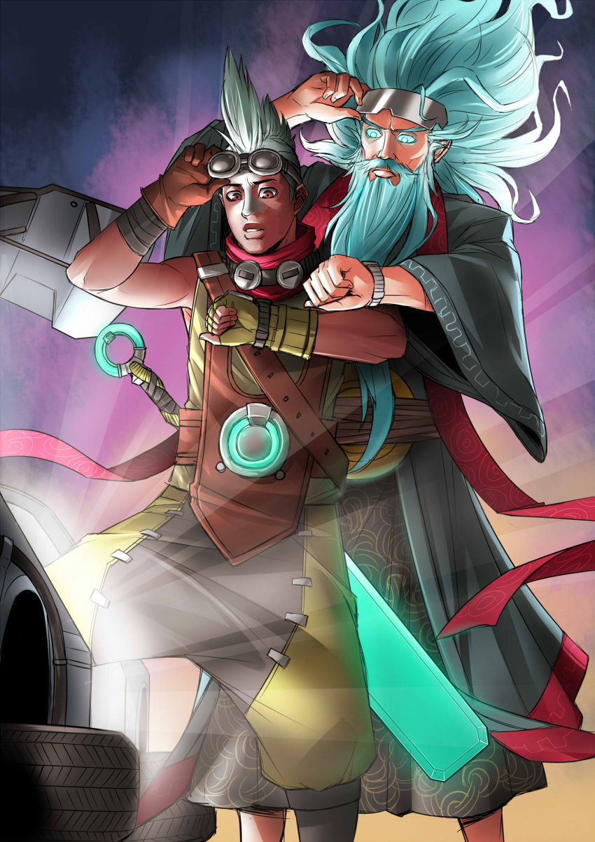 2boys adjusting_goggles aqua_hair back_to_the_future beard character_request delorean ekko_(league_of_legends) eyebrows facial_hair floating_hair goggles goggles_on_head highres kuma_x league_of_legends mohawk multiple_boys parody pink_eyes silver_hair sword time_machine watch weapon zilean