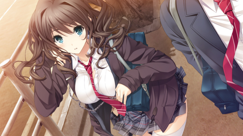 1boy 1girl adjusting_hair aikawa_arisa_(kiss_ato) bag black_hair blue_eyes breasts female game_cg jacket kiss_ato_kiss_will_change_my_relation_with_you large_breasts legs long_hair looking_at_viewer male mikoto_akemi necktie school_bag school_uniform skirt smile solo_focus standing thighs walking white_legwear