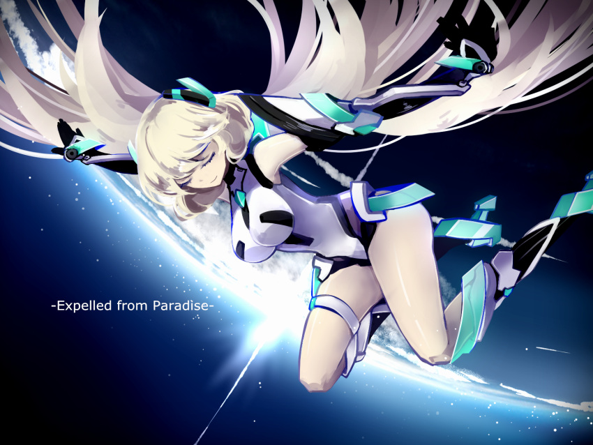 1girl angela_balzac argon_(caocaocaocaocao) bare_shoulders blonde_hair breasts closed_eyes copyright_name earth elbow_gloves falling full_body gloves headgear large_breasts leotard long_hair low_twintails orbit planet rakuen_tsuihou smile solo space twintails very_long_hair