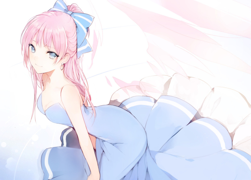 1girl arm_support bare_shoulders blue_eyes blue_ribbon breasts dress earrings gradient gradient_background hair_ribbon jewelry long_dress looking_at_viewer lp_(hamasa00) original pink_hair ponytail ribbon sleeveless sleeveless_dress smile solo striped