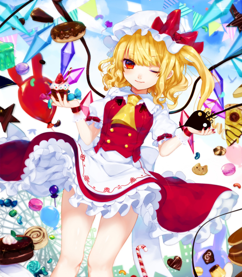 1girl apron ascot balloon blonde_hair bow candy candy_cane chocolate chocolate_heart cookie daimaou_ruaeru doughnut flandre_scarlet food hat hat_bow heart highres laevatein lollipop looking_at_viewer mob_cap one_eye_closed petticoat puffy_short_sleeves puffy_sleeves red_eyes sash shirt short_sleeves side_ponytail skirt skirt_set smile solo strawberry_shortcake thighs touhou vest waist_apron wind_lift wings