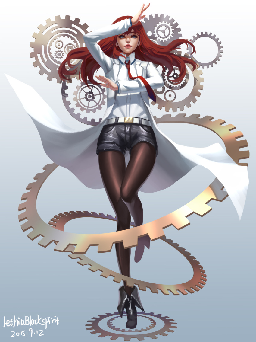 1girl 2015 absurdres artist_name dated gears highres licia_of_vigor long_hair makise_kurisu necktie pantyhose redhead science_fiction solo steins;gate