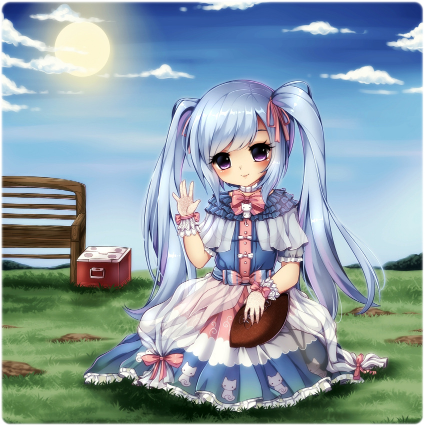 1girl bench blue_dress blue_hair blue_sky blush bowtie box cat_print choker dress frills gloves grass hair_ribbon highres midna01 mud original outdoors parted_lips ribbon rugby_ball see-through short_sleeves sky smile solo sun twintails violet_eyes waving white_gloves wrist_cuffs