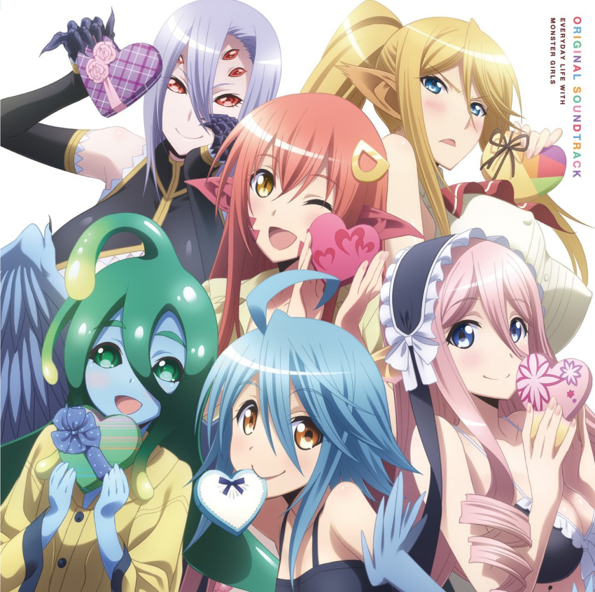 6+girls :d ahoge album_cover animal_ears arachne artist_request blonde_hair blue_eyes blue_hair blue_skin blue_wings blush breasts brown_eyes centaur centorea_shianus claws cleavage cover covered_nipples detached_sleeves drill_hair extra_eyes feathered_wings goo_girl green_eyes green_hair hair_ornament hair_over_one_eye hairclip harpy heart-shaped_box highres horse_ears insect_girl lamia large_breasts lavender_hair long_hair looking_at_viewer maid_headdress mermaid meroune_lorelei miia_(monster_musume) monster_girl monster_musume_no_iru_nichijou mouth_hold multiple_girls official_art one_eye_closed open_mouth papi_(monster_musume) pink_hair pointy_ears ponytail rachnera_arachnera raincoat red_eyes redhead scales short_hair slime smile spider_girl standing suu_(monster_musume) webbed_hands wings yellow_eyes