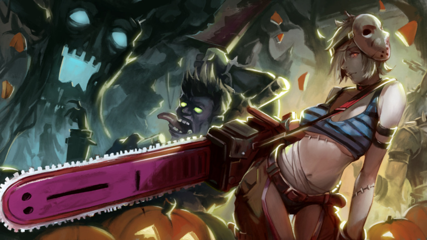 1girl chainsaw glowing glowing_eyes hair_over_one_eye halloween highres hockey_mask iorlvm jack-o'-lantern league_of_legends midriff navel open_mouth pumpkin riven_(league_of_legends) solo_focus stitches tongue tongue_out