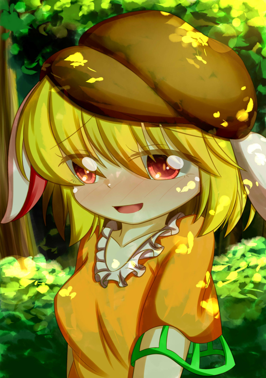 1girl absurdres animal_ears blonde_hair blush dappled_sunlight dior-zi flat_cap forest full-face_blush hat highres looking_at_viewer nature open_mouth rabbit_ears red_eyes ringo_(touhou) short_hair short_sleeves solo touhou upper_body