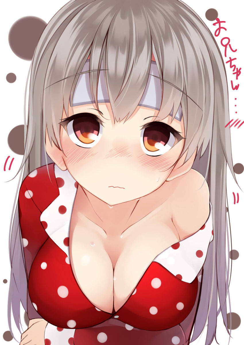 1girl absurdres blush breasts cleavage collarbone grey_hair headband highres looking_at_viewer netarou off_shoulder orange_hair original polka_dot polka_dot_shirt shirt solo sweatdrop wavy_mouth