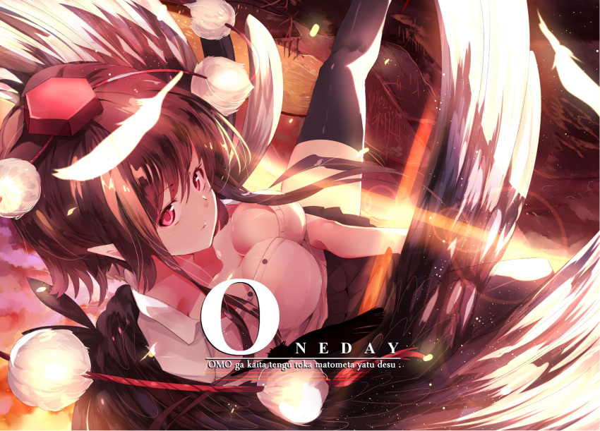 1girl bird_wings black_legwear black_wings breasts brown_hair downblouse feathers flying from_above hat hat_ribbon highres large_breasts looking_at_viewer mountain omo_(utakatadice) open_clothes open_shirt pink_eyes pointy_ears pom_pom_(clothes) ribbon romaji shameimaru_aya shirt skirt solo sunset thigh-highs tokin_hat touhou upside-down wings zettai_ryouiki