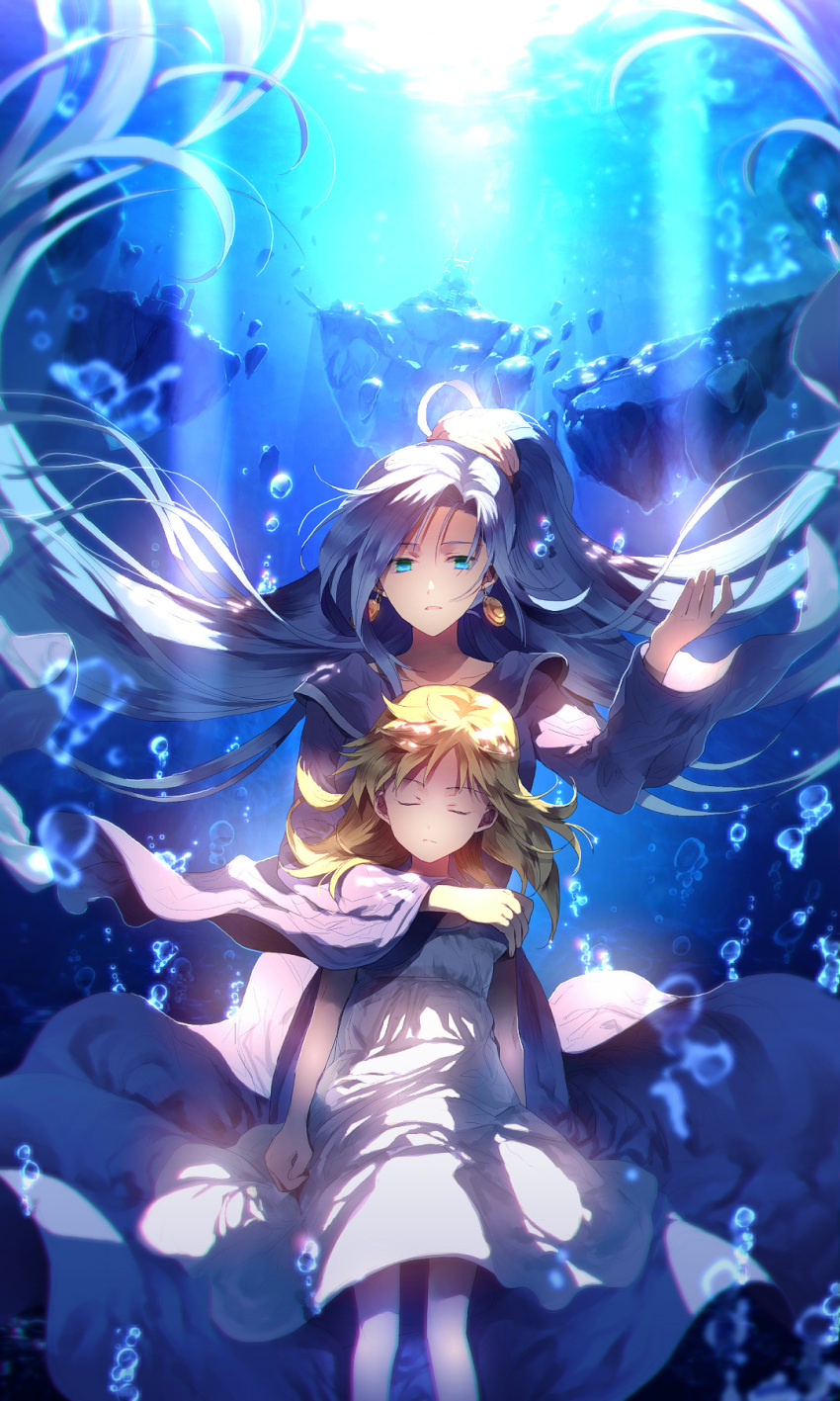 2girls air_bubble arm_around_shoulder blonde_hair blue_eyes blue_hair chrono_cross chrono_trigger closed_eyes dress earrings hand_on_shoulder highres holding jewelry kid_(chrono_cross) long_hair long_sleeves looking_at_viewer multiple_girls ponytail rock schala_zeal sunakumo unconscious underwater white_dress younger