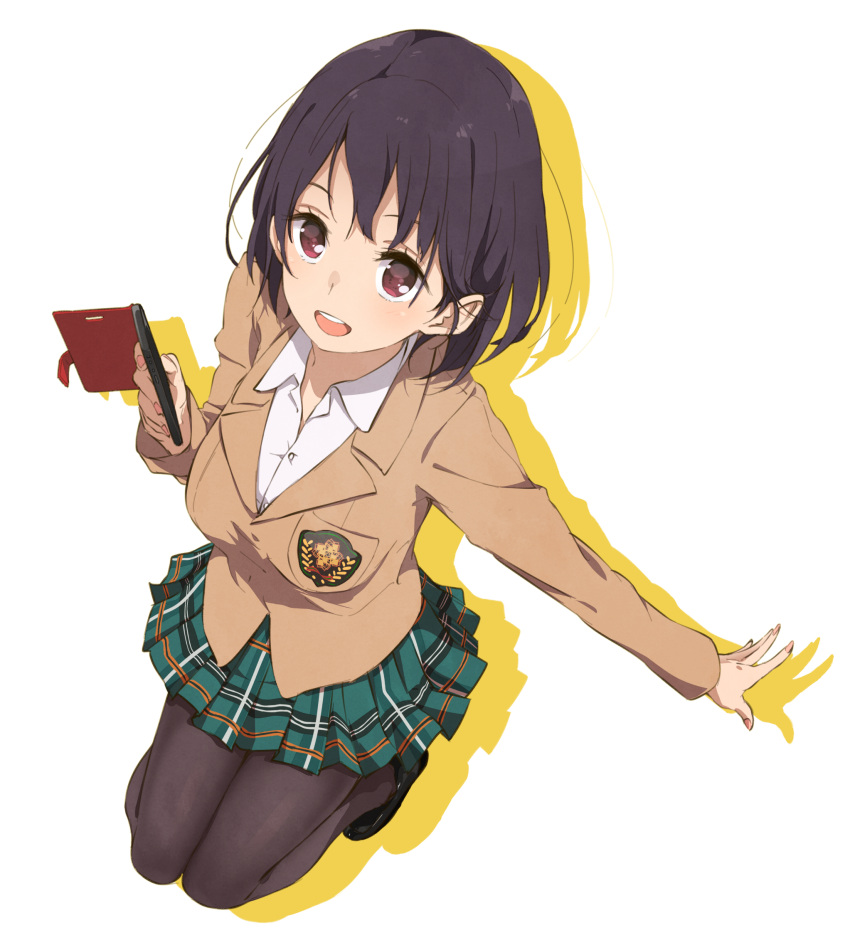1girl :d black_hair black_shoes cellphone checkered checkered_skirt emblem full_body green_skirt haine highres jacket long_sleeves nail_polish open_mouth original outstretched_arm pantyhose phone red_eyes school_uniform shoes simple_background skirt smartphone smile solo white_background