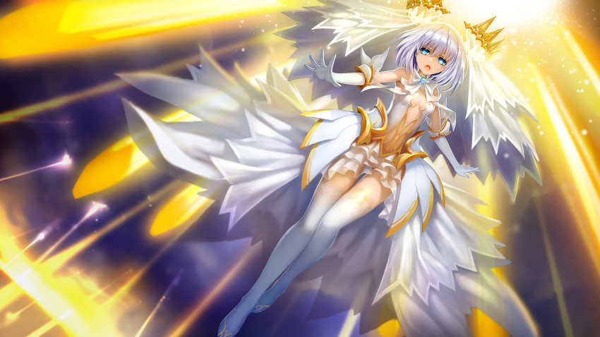 1girl :o bangs blue_eyes brooch cleavage_cutout copyright_request date_a_live dress dutch_angle flying frills gloves hanshu highres jewelry outstretched_arms silver_hair sky sleeveless solo spread_arms thigh-highs tobiichi_origami veil white_dress white_gloves white_legwear