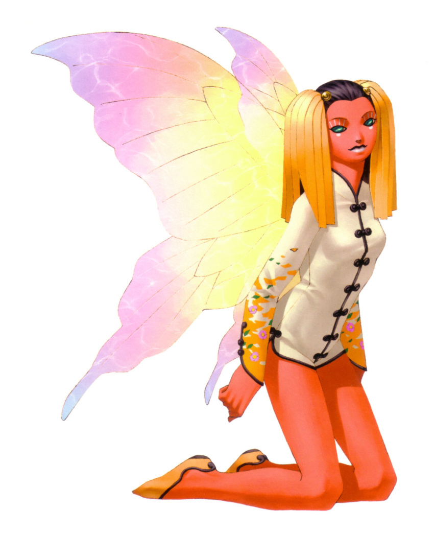 1girl blonde_hair butterfly_wings china_dress chinese_clothes green_eyes highres hua-po kazuma_kaneko long_hair megami_tensei multicolored_hair official_art red_skin shin_megami_tensei simple_background solo white_background wings