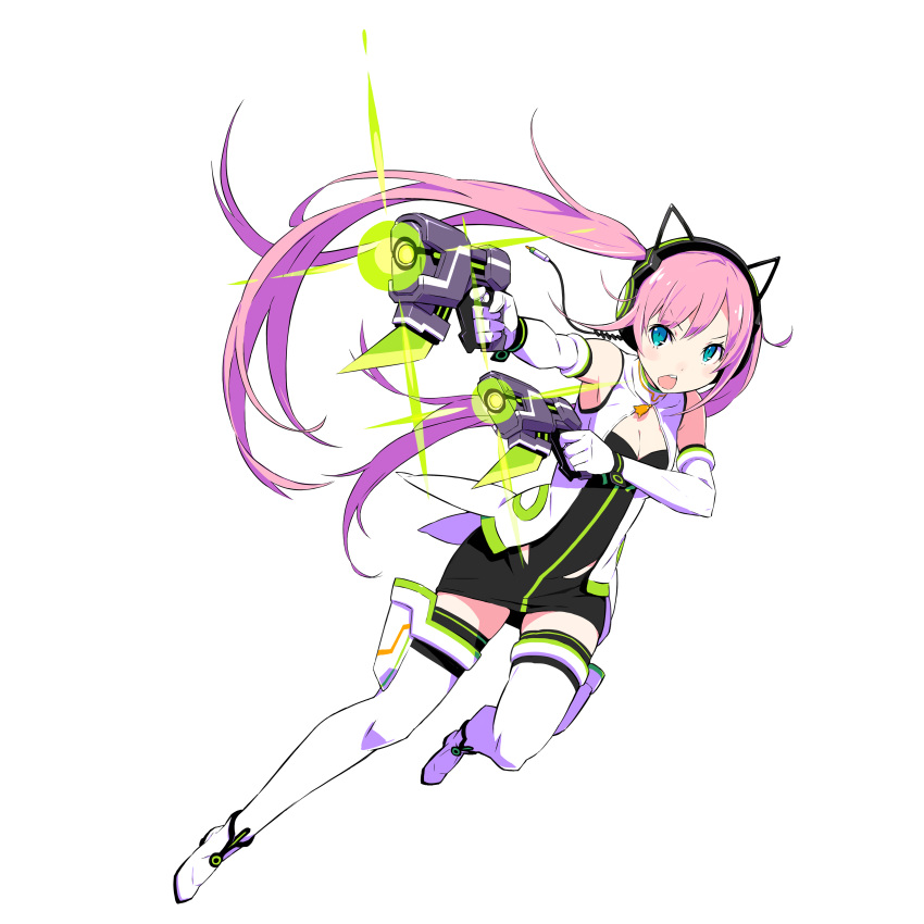 1girl absurdres animal_ears aqua_eyes boots breasts cleavage conception:_ore_no_kodomo_wo_undekure! dual_wielding elbow_gloves fake_animal_ears floating_hair full_body fuuko gashin gloves gundam highres holding long_hair looking_at_viewer official_art open_mouth pink_hair simple_background solo thigh-highs thigh_boots transparent_background twintails white_background