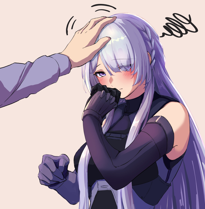 1girl 3_small_spiders absurdres ak-15_(girls'_frontline) belt braid elbow_gloves embarrassed girls_frontline gloves hair_over_one_eye headpat highres long_hair one_eye_covered silver_hair solo_focus tactical_clothes very_long_hair violet_eyes