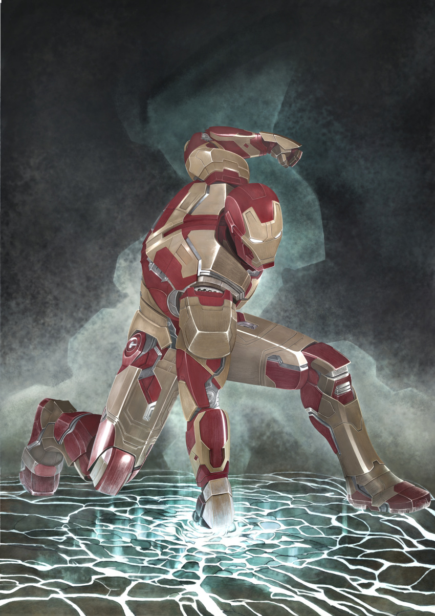 1boy absurdres clenched_hands glowing highres iron_man kneeling marvel photorealistic power_armor punching realistic revision solo tetsuo_(huvac-akiro)
