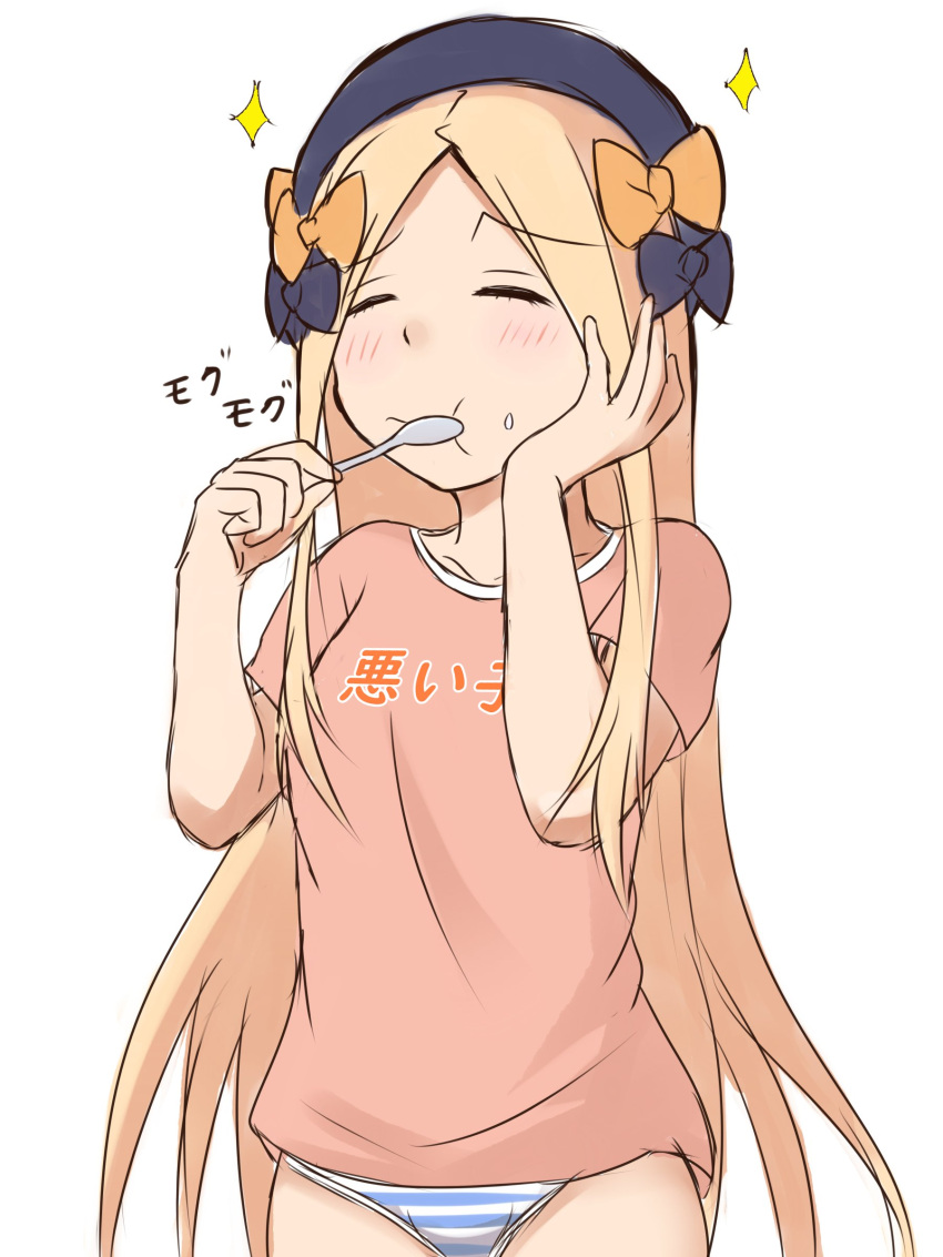 1girl :t abigail_williams_(fate/grand_order) absurdres bangs black_bow black_hat blush bow closed_eyes closed_mouth clothes_writing collarbone commentary_request eyebrows_visible_through_hair facing_viewer fate/grand_order fate_(series) food food_on_face forehead hair_bow hand_on_own_cheek hat highres holding holding_spoon mitiru_ccc2 no_pants orange_bow panties parted_bangs pink_shirt rice rice_on_face shirt short_sleeves simple_background sketch solo sparkle spoon striped striped_panties t-shirt underwear white_background